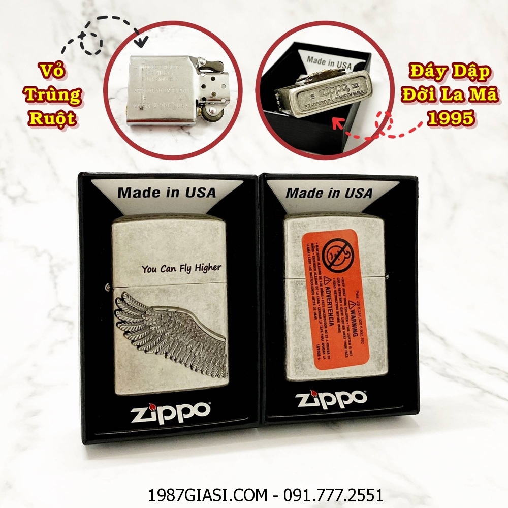 BẬT LỬA ZIPPO MỸ BẠC CỔ HÌNH NỔI CÁNH THIÊN THẦN - ĐỜI LA MÃ 1995 - RUỘT USA (CÓ TEM ĐỎ) - (XÀI XĂNG) #BẠC CỔ