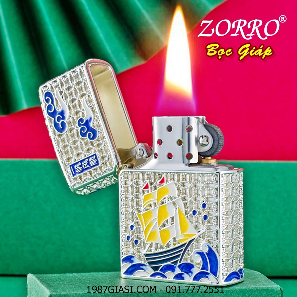 BẬT LỬA ZIPPO ZORRO BỌC GIÁP ĐỒNG TIỀN HÌNH CHIẾC THUYỀN THUẬN BUỒM XUÔI GIÓ (FULLBOX) - (XÀI XĂNG) #BẠC