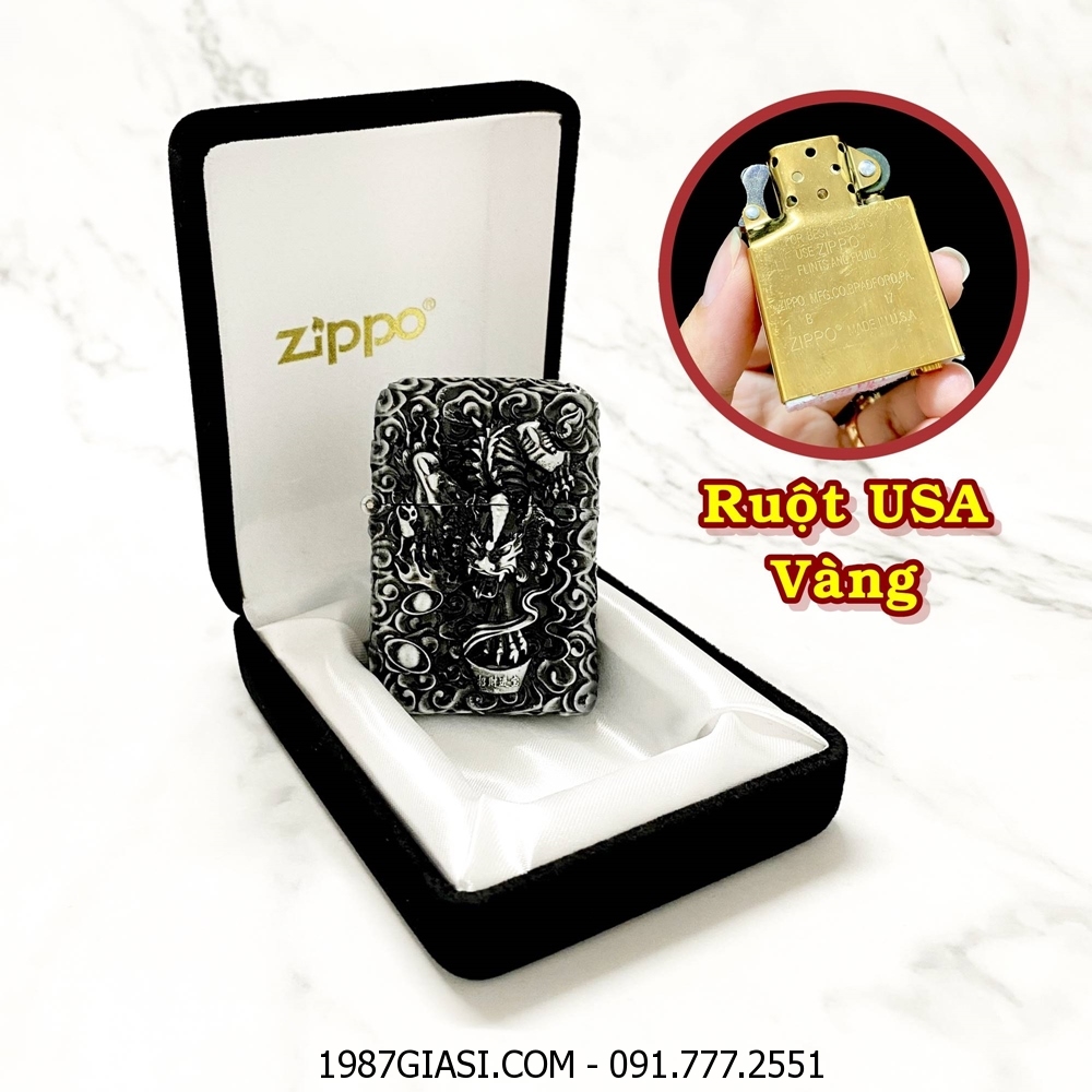 BẬT LỬA ZIPPO MỸ HÌNH TỲ HƯU GIỮ TIỀN DẬP NỔI 6 MẶT - RUỘT USA VÀNG (FULLBOX) - (XÀI XĂNG) #BẠC CỔ