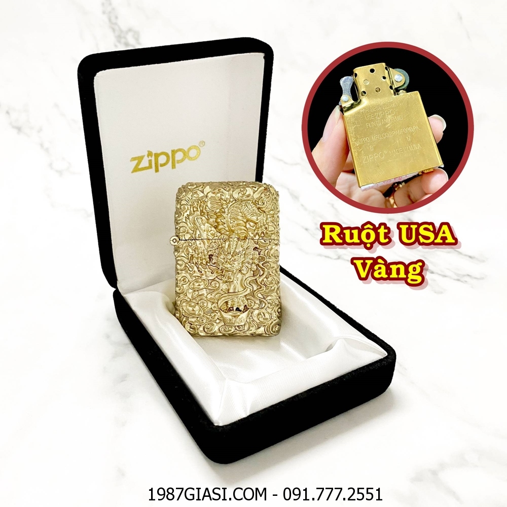 BẬT LỬA ZIPPO MỸ HÌNH TỲ HƯU GIỮ TIỀN DẬP NỔI 6 MẶT - RUỘT USA VÀNG (FULLBOX) - (XÀI XĂNG) #VÀNG GOLD