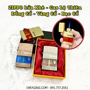 BẬT LỬA ZIPPO LỬA KHÈ - GAS LỘ THIÊN (ĐỒNG CỔ, VÀNG CỔ, BẠC CỔ) (CÓ HỘP) - (XÀI GAS)