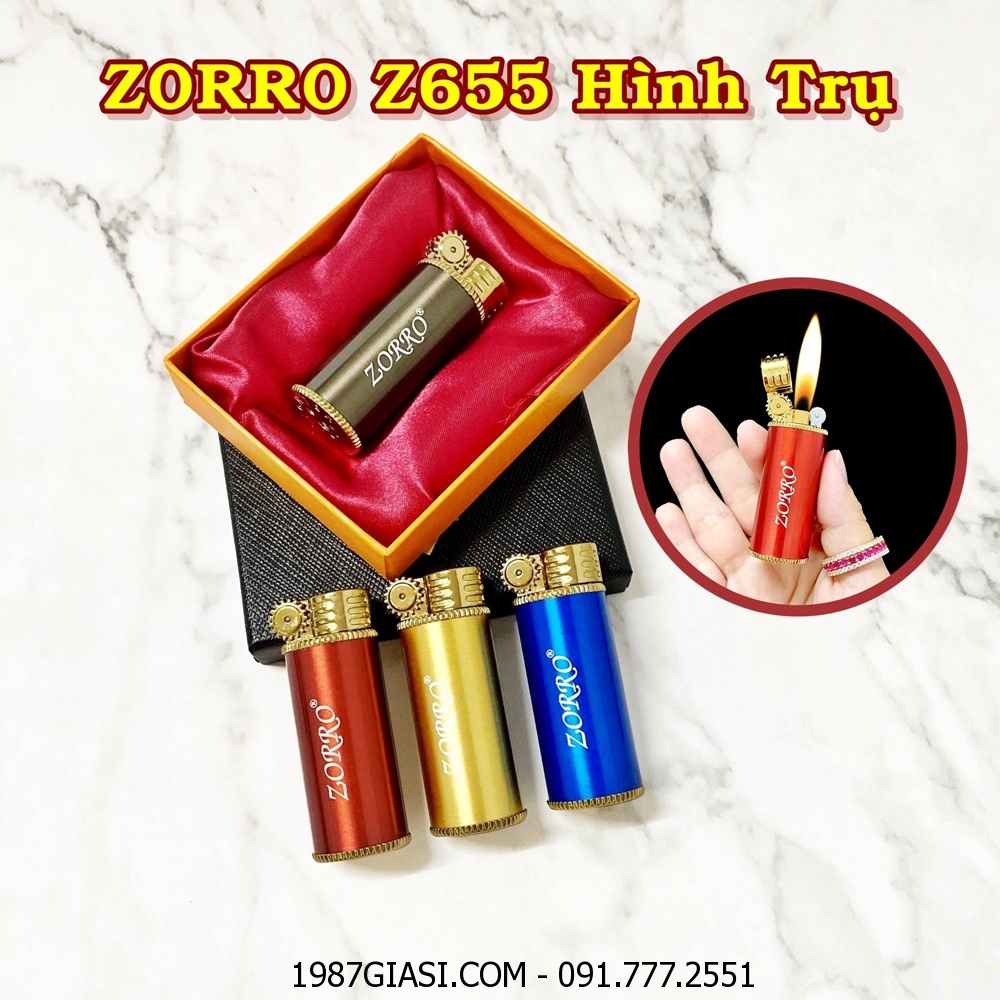 BẬT LỬA GAS ĐÁ ZORRO Z655 HÌNH TRỤ NHIỀU MÀU (CÓ HỘP) - (XÀI GAS)