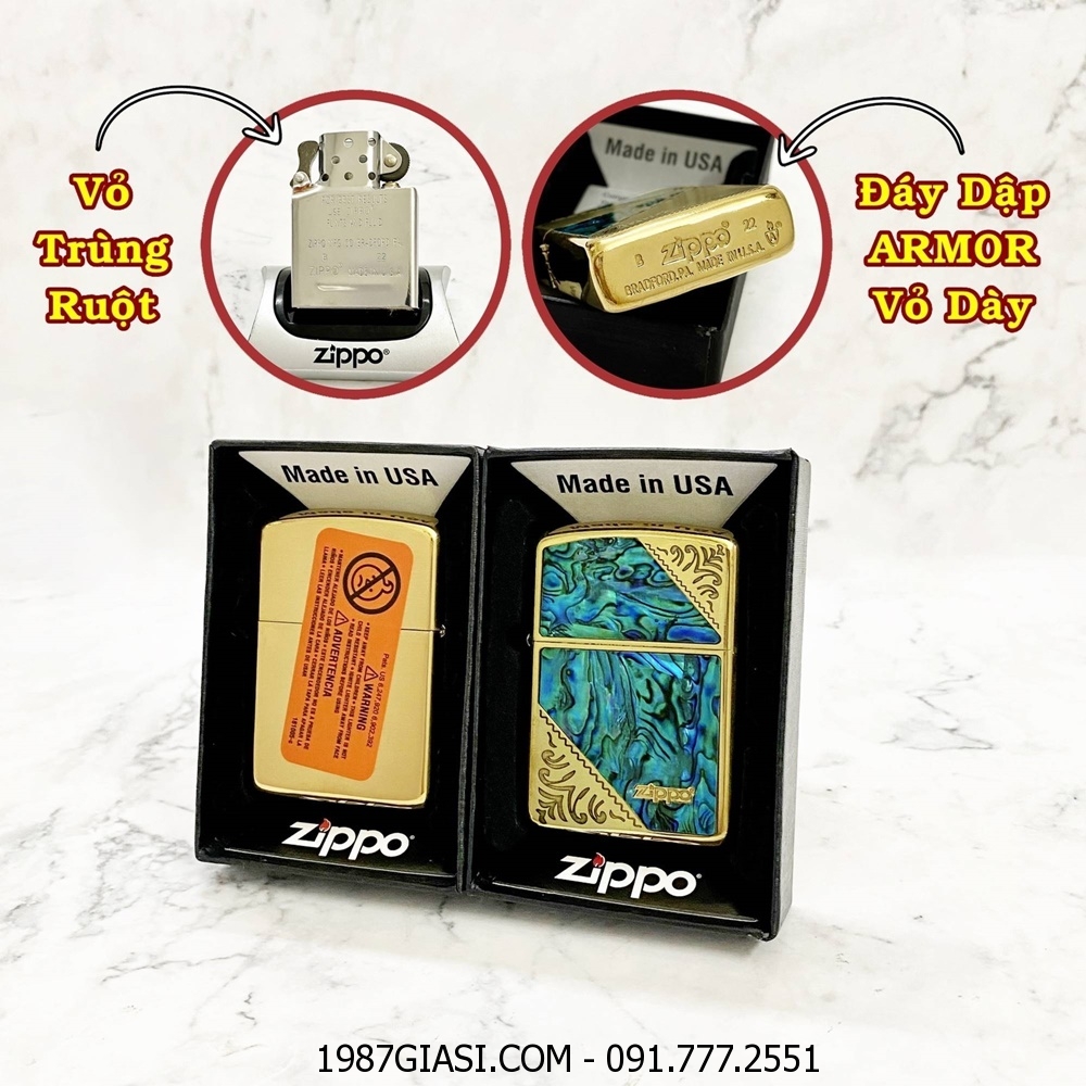 BẬT LỬA ZIPPO MỸ KHẢM XÀ CỪ KHẮC HOA VĂN XÉO (ZIPPO ARMOR VỎ DÀY) - RUỘT USA (CÓ TEM ĐỎ) - (XÀI XĂNG)