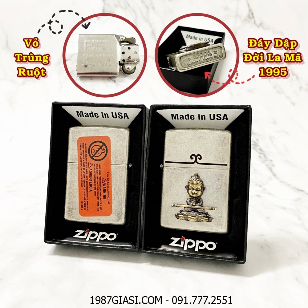 BẬT LỬA ZIPPO MỸ BẠC CỔ HÌNH NỔI TÔN NGỘ KHÔNG \