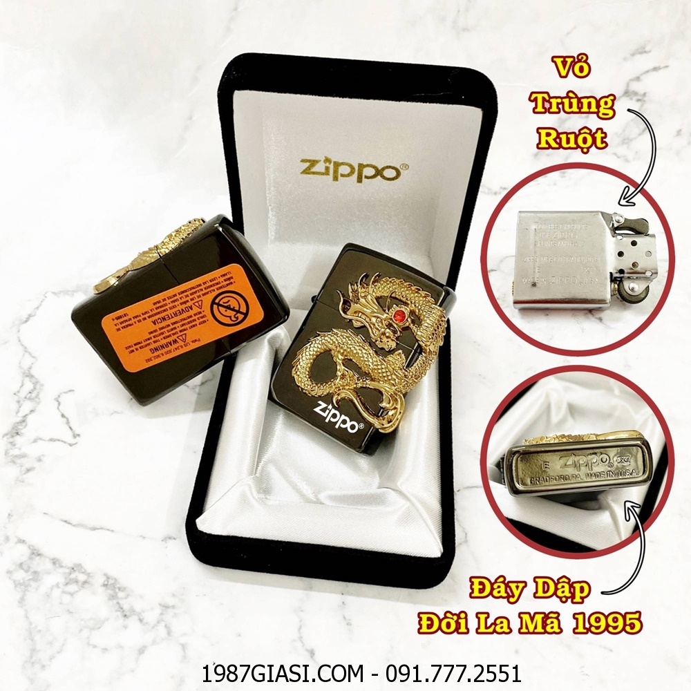 BẬT LỬA ZIPPO MỸ HÌNH RỒNG NỔI CẨN NGỌC - ĐỜI LA MÃ 1995 - RUỘT USA (CÓ TEM ĐỎ) - (XÀI XĂNG) #ĐEN