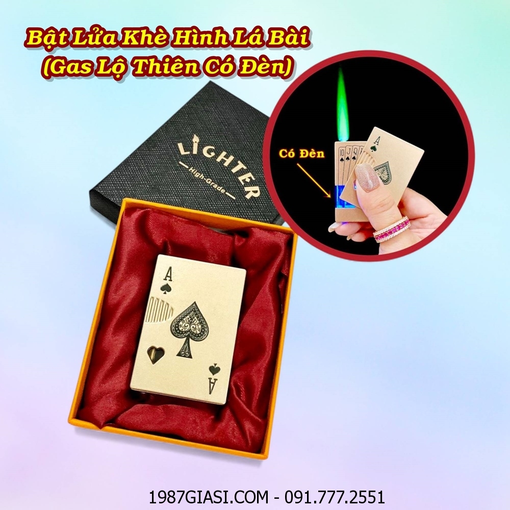 BẬT LỬA KHÈ GAS LỘ THIÊN HÌNH LÁ BÀI CÓ ĐÈN NHẤP NHÁY (KIM LOẠI) (CÓ HỘP) - (XÀI GAS)