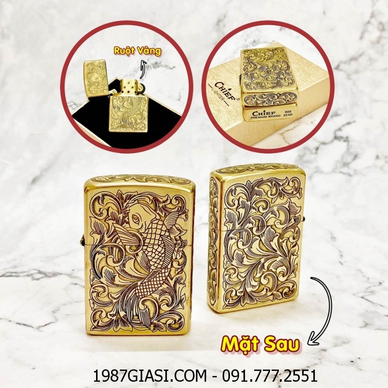 BẬT LỬA ZIPPO CHIEF BÓNG RUỘT VÀNG - KHẮC 5 MẶT HÌNH CÁ CHÉP C-3 (FULL BOX) - (XÀI XĂNG)