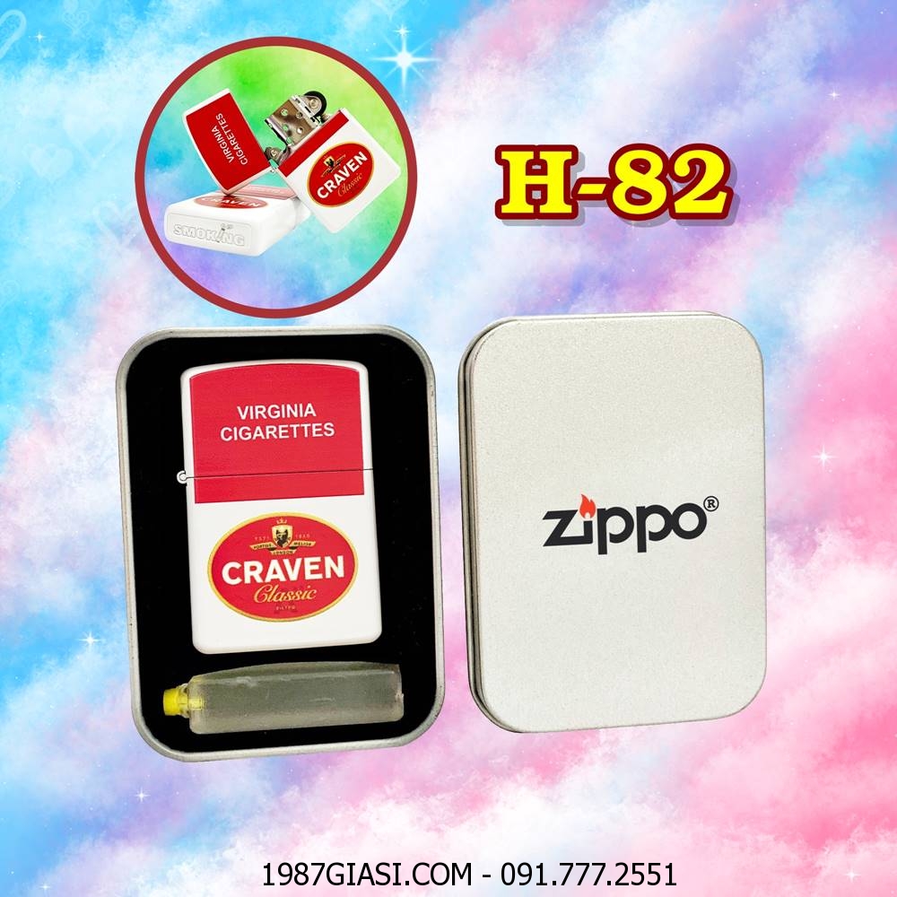 BẬT LỬA ZIPPO SƠN TĨNH ĐIỆN 2 MẶT HÌNH GÓI THUỐC LÁ CRAVEN (HỘP THIẾC KÈM XĂNG) H-82