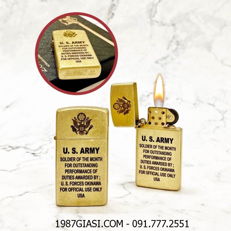 BẬT LỬA ZIPPO SLIM ZORRO - VÀNG CỔ U.S ARMY (QUÂN ĐỘI MỸ) - RUỘT VÀNG (FULL BOX) - (XÀI XĂNG)