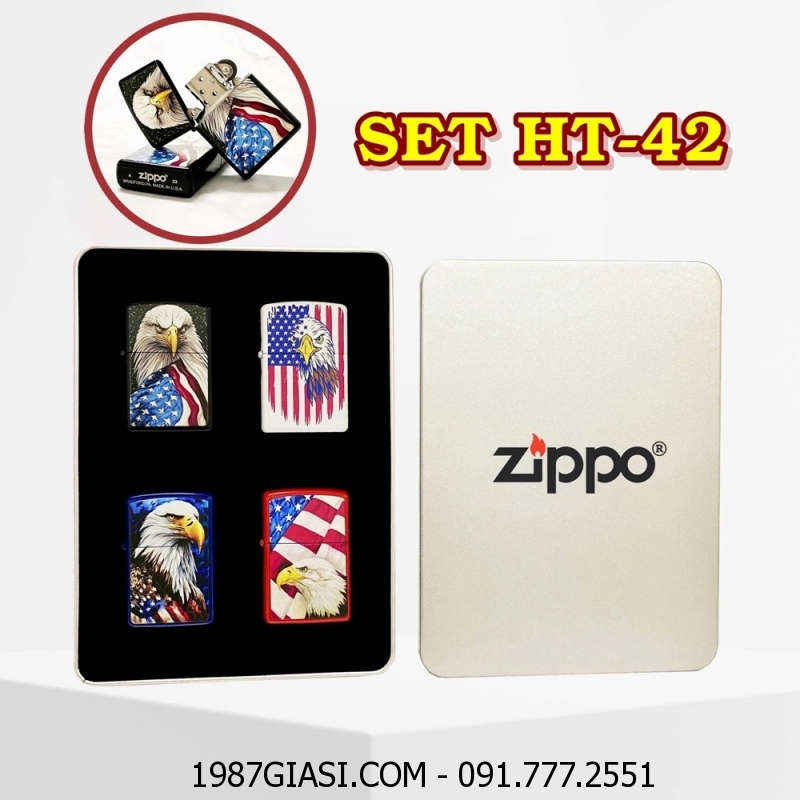 BỘ 4 BẬT LỬA ZIPPO SƠN TĨNH ĐIỆN 2 MẶT HÌNH ĐẠI BÀNG CỜ MỸ CÁC KIỂU (CÓ MỘC ĐÁY) (HỘP THIẾC) - (XÀI XĂNG) #SET HT-42