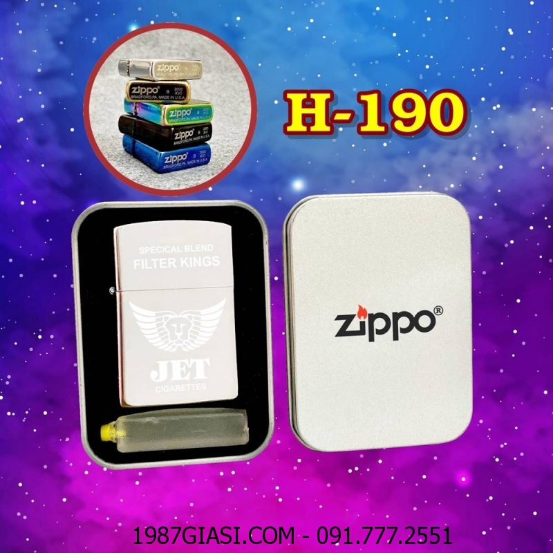 BẬT LỬA ZIPPO TRƠN BÓNG HÌNH GÓI THUỐC LÁ JET (CÓ MỘC ĐÁY) (HỘP THIẾC KÈM XĂNG) H-190 BẠC