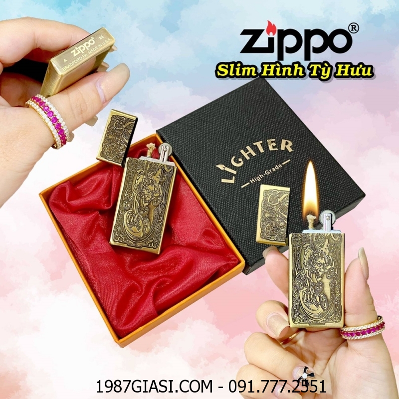 BẬT LỬA ZIPPO SLIM HÌNH TỲ HƯU GIỮ TIỀN (CÓ HỘP) - (XÀI XĂNG)