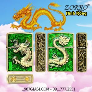 BẬT LỬA ZIPPO ZORRO HÌNH RỒNG PHỦ BÓNG DẬP NỔI 6 MẶT (FULLBOX) - (XÀI XĂNG) #VÀNG