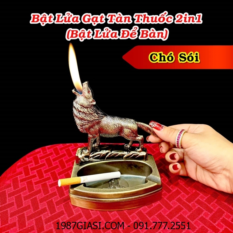 BẬT LỬA GẠT TÀN THUỐC 2IN1 HÌNH CHÓ SÓI (BẬT LỬA ĐỂ BÀN) (FULLBOX) - (XÀI GAS)