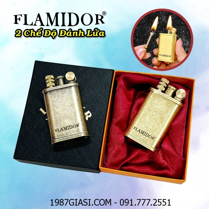 BẬT LỬA XĂNG ĐÁ FLAMIDOR 2 CHẾ ĐỘ ĐÁNH LỬA (KIM LOẠI NGUYÊN KHỐI) (CÓ HỘP) - (XÀI XĂNG)