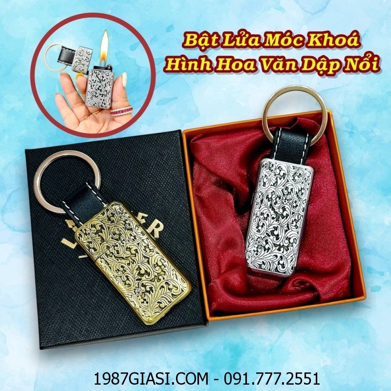 BẬT LỬA GAS ĐÁ MÓC KHÓA HÌNH HOA VĂN DẬP NỔI (CÓ HỘP) - (XÀI GAS)