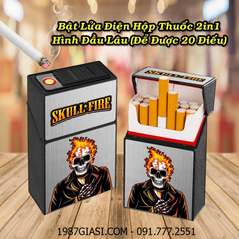 BẬT LỬA ĐIỆN HỘP THUỐC 2IN1 HÌNH ĐẦU LÂU (ĐỂ ĐƯỢC 20 ĐIẾU) (FULLBOX) - (SẠC ĐIỆN)