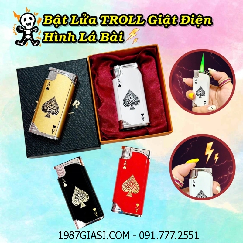 BẬT LỬA TROLL GIẬT ĐIỆN HÌNH LÁ BÀI (BẬT LỬA TROLL BẠN BÈ) (CÓ HỘP) - (XÀI GAS)