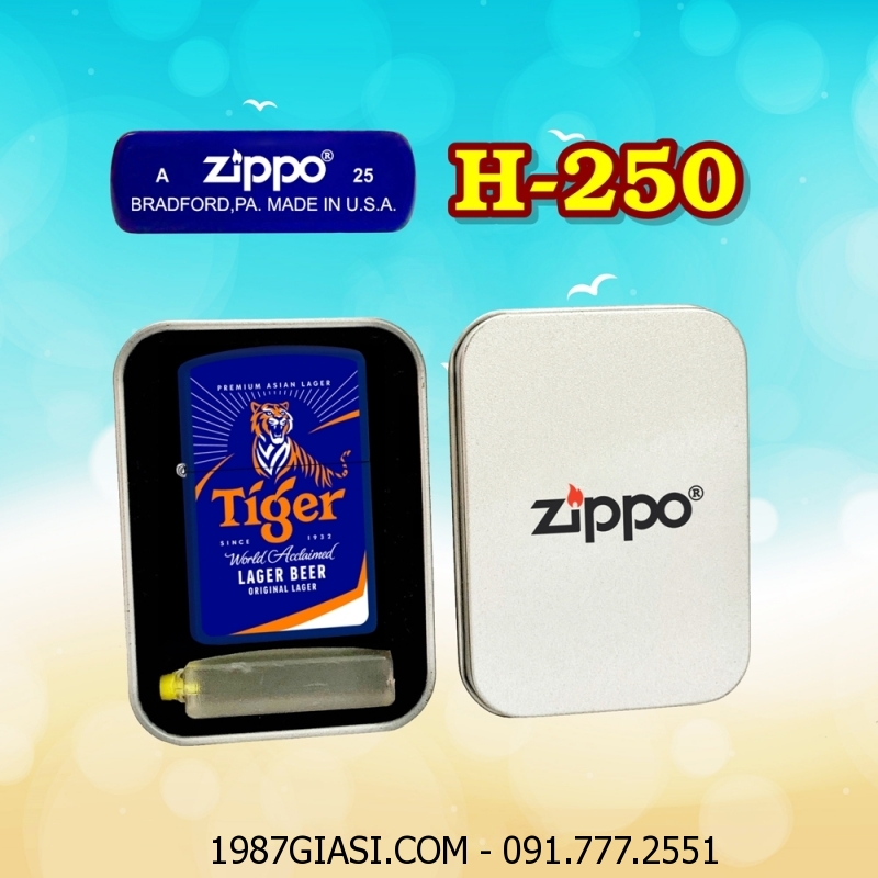 BẬT LỬA ZIPPO SƠN TĨNH ĐIỆN 2 MẶT HÌNH LOGO BIA TIGER (CÓ MỘC ĐÁY) (HỘP THIẾC KÈM XĂNG) H-250