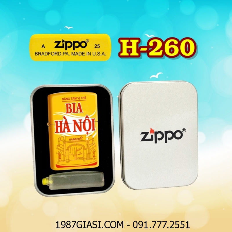 BẬT LỬA ZIPPO SƠN TĨNH ĐIỆN 2 MẶT HÌNH LOGO BIA HÀ NỘI (CÓ MỘC ĐÁY) (HỘP THIẾC KÈM XĂNG) H-260