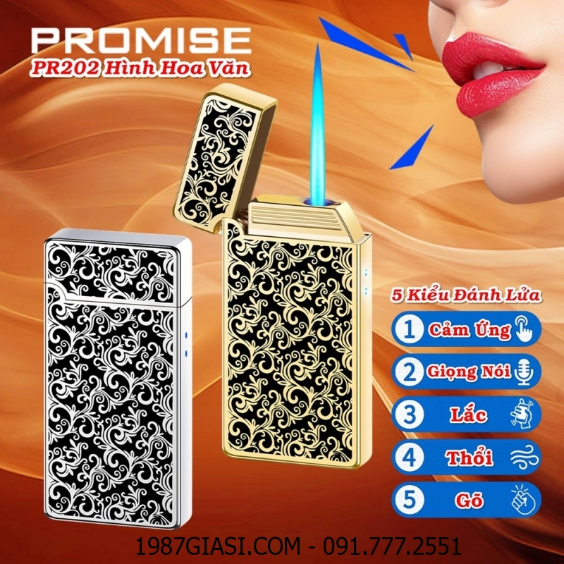 BẬT LỬA CẢM BIẾN GIỌNG NÓI PROMISE PR202 HÌNH HOA VĂN PHỦ BÓNG (CÓ 5 KIỂU ĐÁNH LỬA) (FULLBOX) - (XÀI GAS + SẠC ĐIỆN)