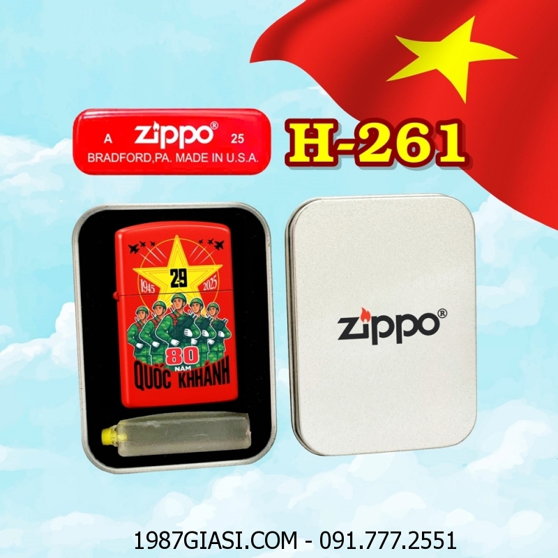 BẬT LỬA ZIPPO SƠN TĨNH ĐIỆN HÌNH KỶ NIỆM 80 NĂM QUỐC KHÁNH VIỆT NAM (2/9/1945 - 2/9/2025) (CÓ MỘC ĐÁY) (HỘP THIẾC KÈM XĂNG) H-261