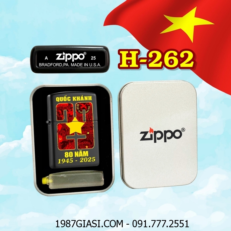 BẬT LỬA ZIPPO SƠN TĨNH ĐIỆN HÌNH KỶ NIỆM 80 NĂM QUỐC KHÁNH VIỆT NAM (2/9/1945 - 2/9/2025) (CÓ MỘC ĐÁY) (HỘP THIẾC KÈM XĂNG) H-262