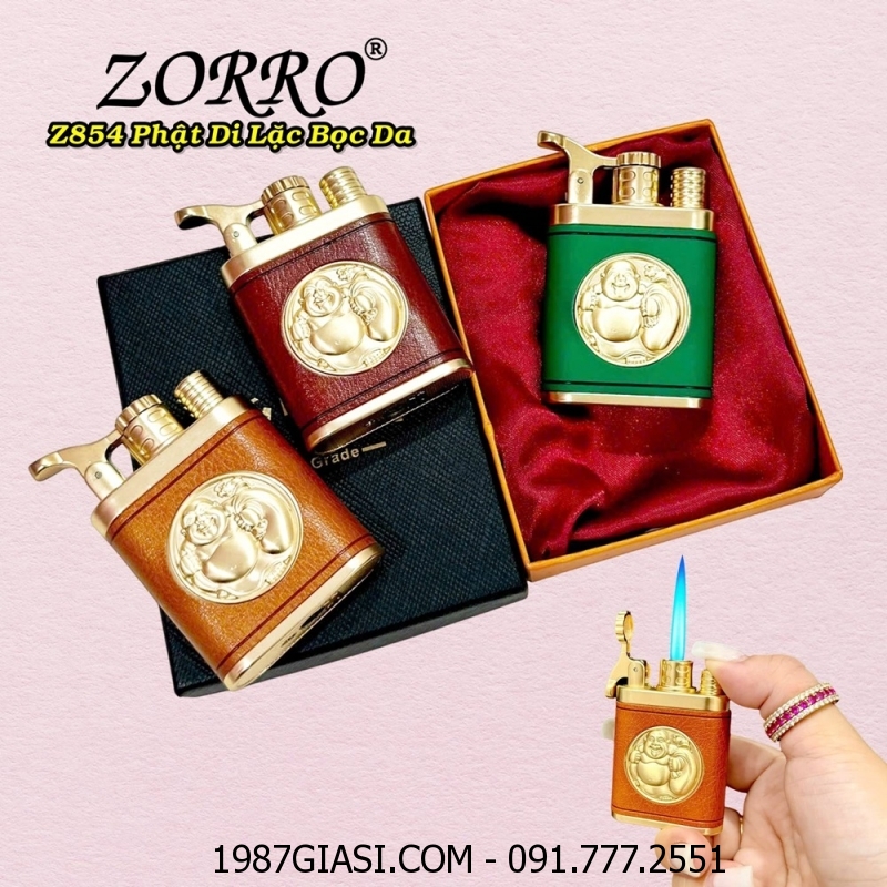 BẬT LỬA KHÈ ZORRO Z854 HÌNH PHẬT DI LẶC BỌC DA (CÓ HỘP) - (XÀI GAS)
