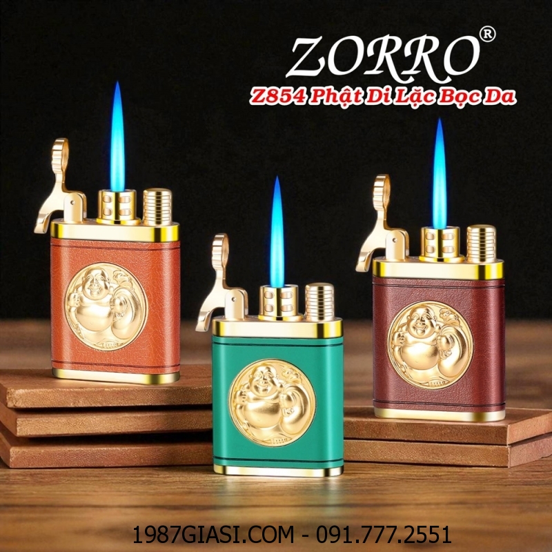 BẬT LỬA KHÈ ZORRO Z854 HÌNH PHẬT DI LẶC BỌC DA - (XÀI GAS)