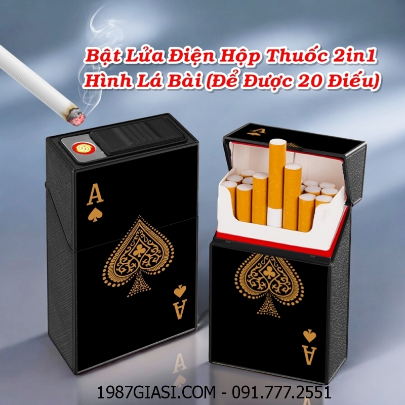 BẬT LỬA ĐIỆN HỘP THUỐC 2IN1 HÌNH LÁ BÀI ĐEN (ĐỂ ĐƯỢC 20 ĐIẾU THUỐC) (FULLBOX) - (SẠC ĐIỆN) #ĐEN