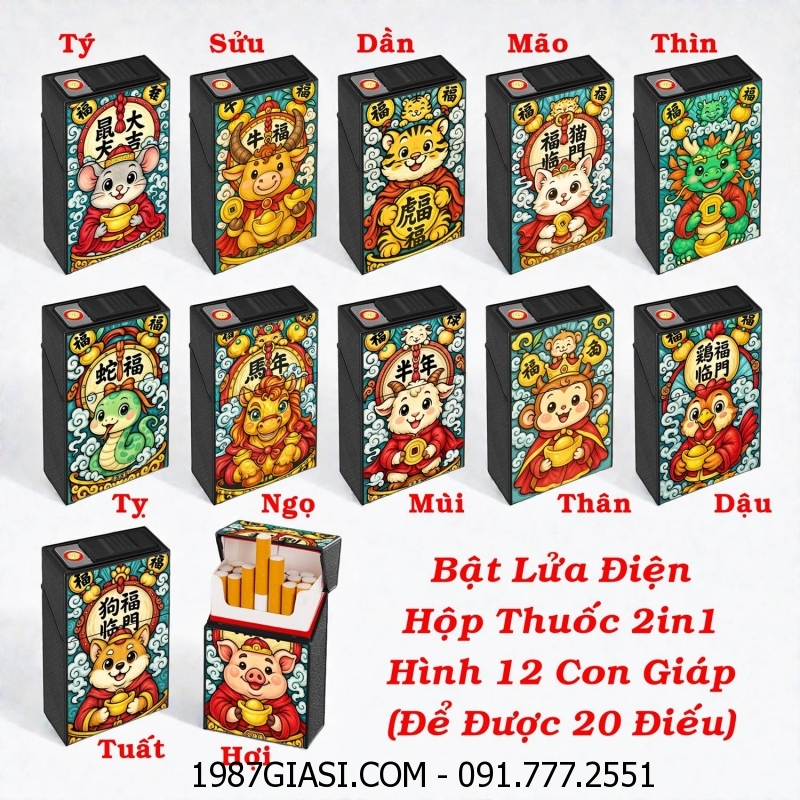 BẬT LỬA ĐIỆN HỘP THUỐC 2IN1 HÌNH 12 CON GIÁP CÁC KIỂU (ĐỂ ĐƯỢC 20 ĐIẾU) (FULLBOX) - (SẠC ĐIỆN)