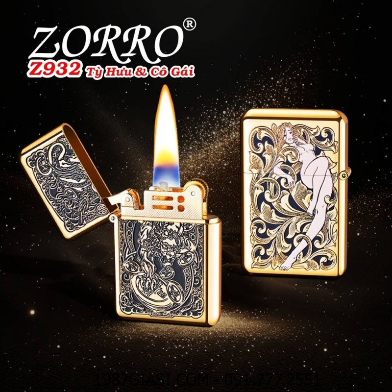 BẬT LỬA XĂNG ĐÁ ZORRO Z932 HÌNH TỲ HƯU GIỮ TIỀN VÀ CÔ GÁI DẬP NỔI 2 MẶT - (XÀI XĂNG)