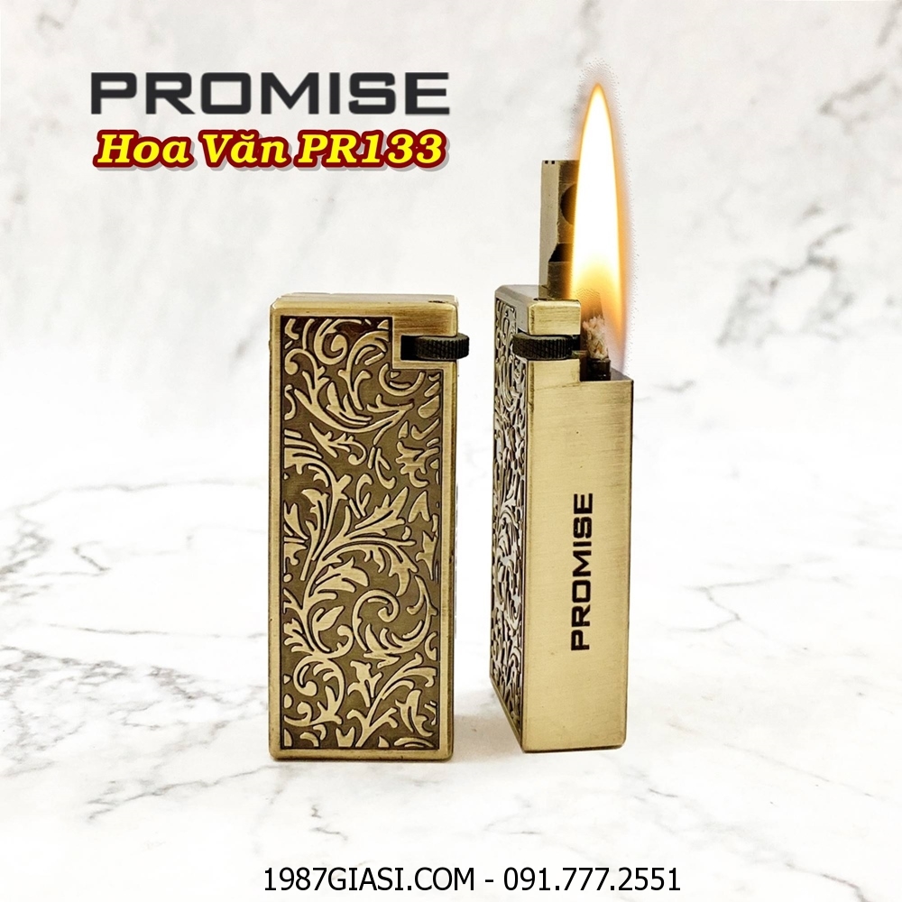BẬT LỬA XĂNG ĐÁ PROMISE PR133 ĐÁNH LỬA NGANG HOA VĂN DẬP NỔI (KIM LOẠI NGUYÊN KHỐI) - (XÀI XĂNG)